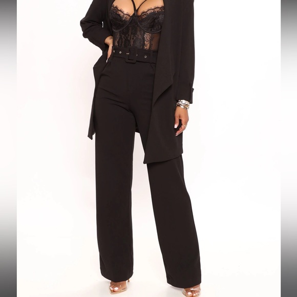 Fashion Nova Belted Wide Leg Pants, Black Dress Pants - Picture 2 of 6